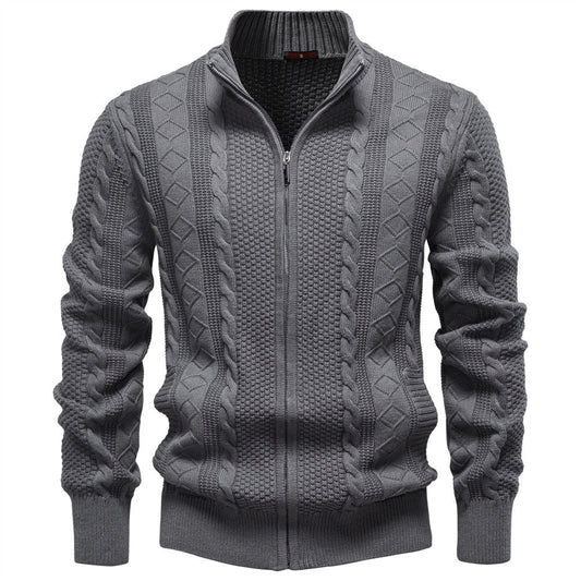 Men’s Zip-Up Stand Collar Cable Knit Sweater