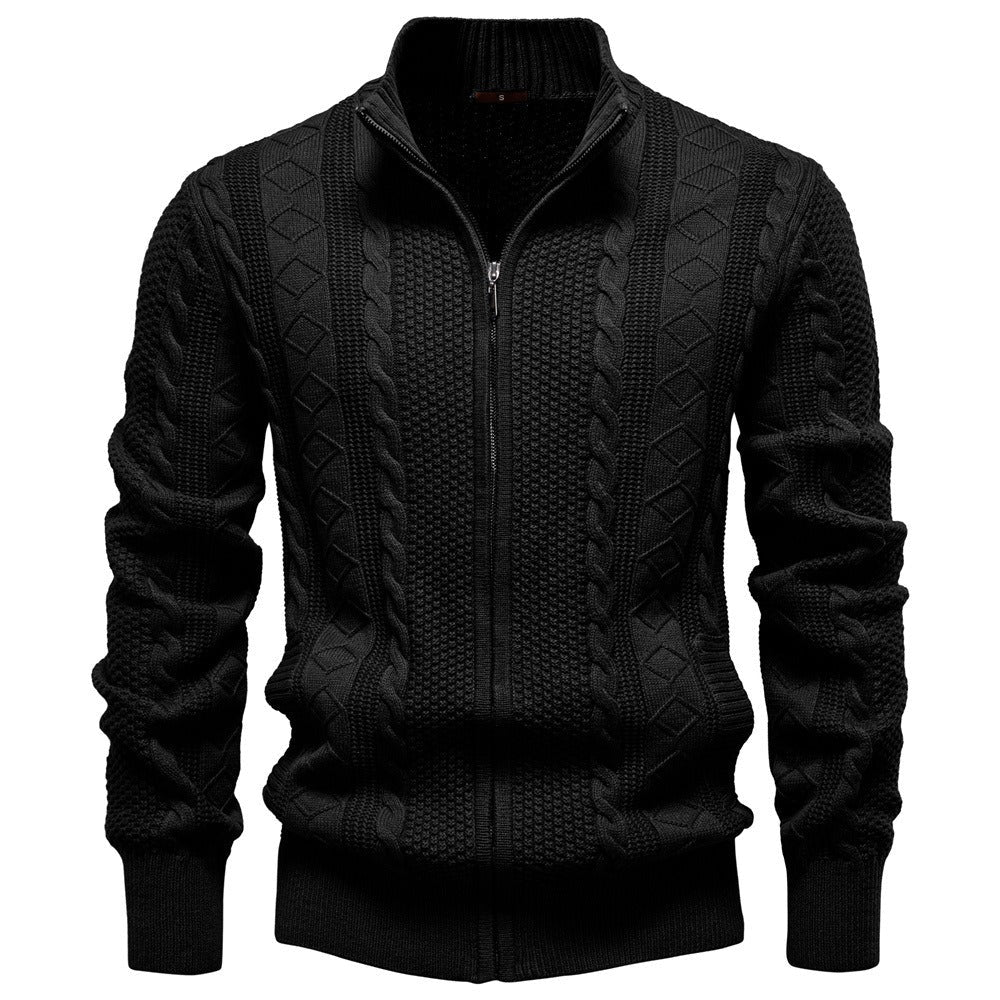 Men’s Zip-Up Stand Collar Cable Knit Sweater