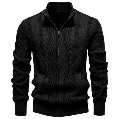Men’s Zip-Up Stand Collar Cable Knit Sweater